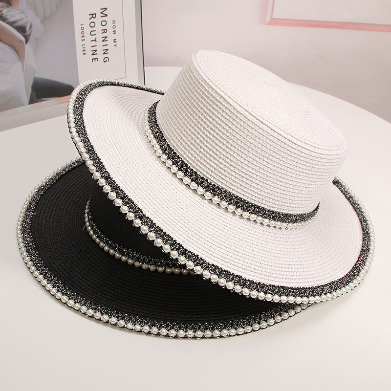 New French Style Wide Brim Straw Sun Hat with Pearl Trim